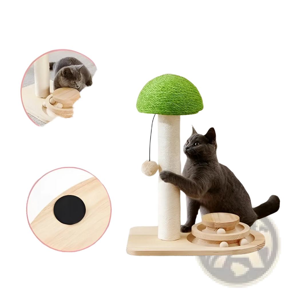 Mushroom cat scratching post with ball track featuring green textured top and beige sisal-wrapped post on wooden base