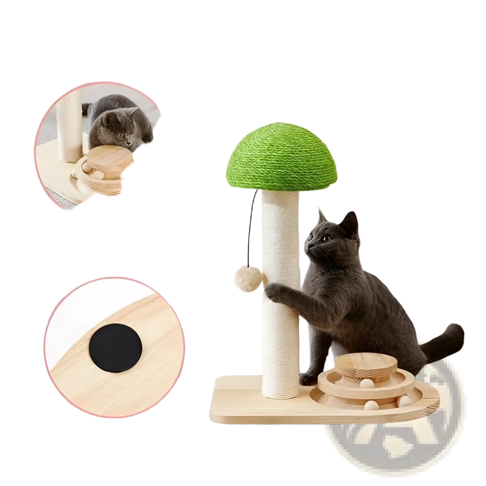 Mushroom cat scratching post with ball track featuring green textured top and beige sisal-wrapped post on wooden base
