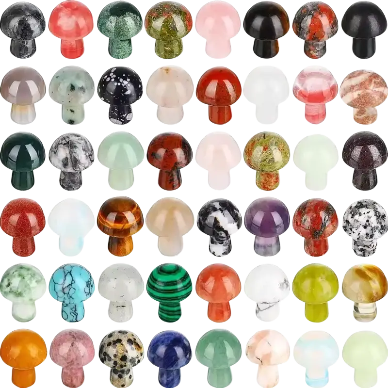 A collection of colorful polished mushroom figurines made from natural crystal for mini garden decor