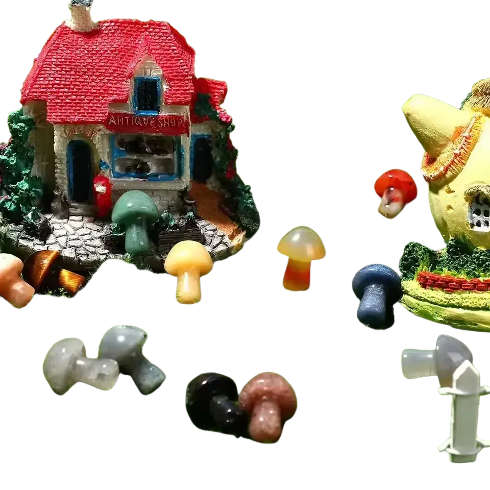 Red-roofed mushroom figurines with blue window frames and stone pathway for natural crystal mini garden decor