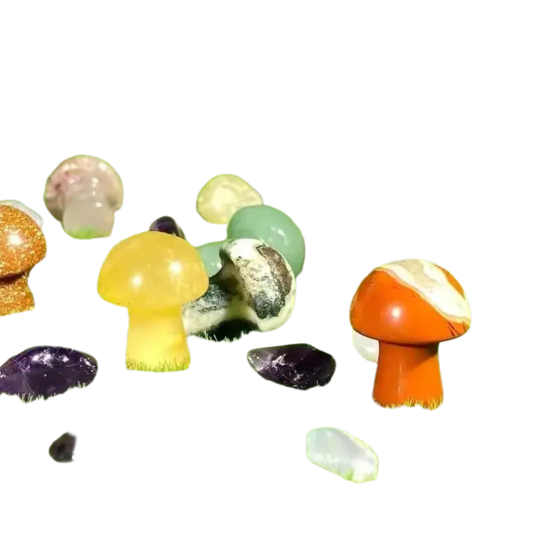 Vibrant orange and white natural crystal mushroom figurine with a glossy polished finish for garden decor