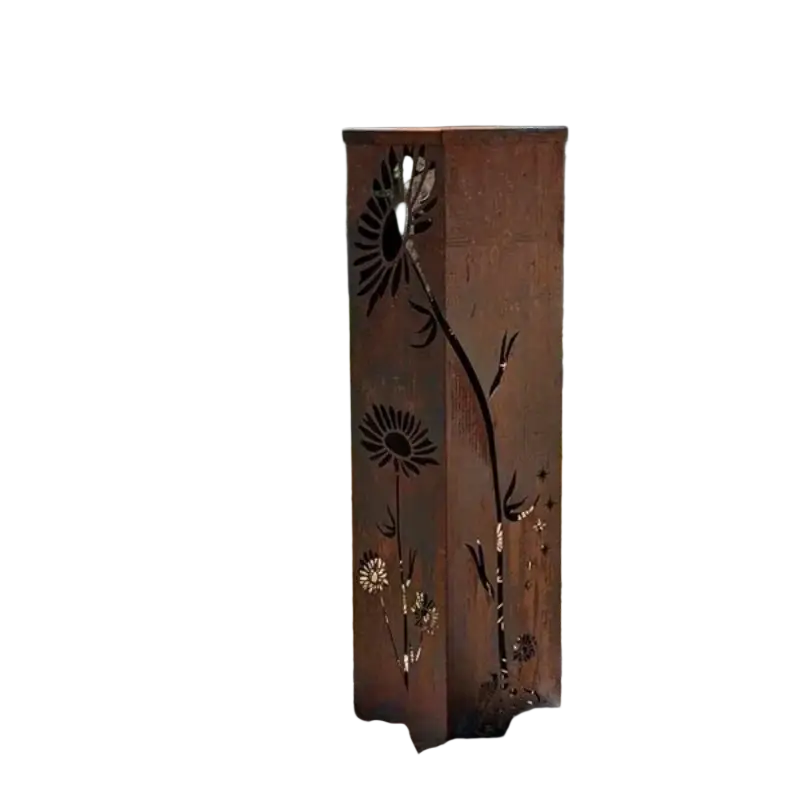 Rustic brown metal mushroom garden column featuring intricate cut-out sunflower and floral patterns for outdoor use