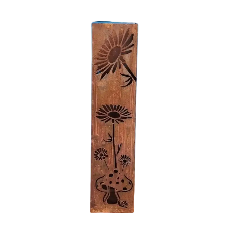 Rustic wooden garden column with laser-cut sunflower and mushroom designs for outdoor mushroom garden use