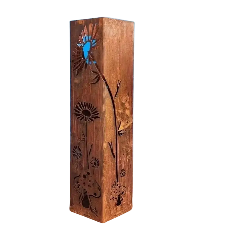 Rustic wooden garden column lantern with intricate floral and mushroom cutouts for mushroom garden decor