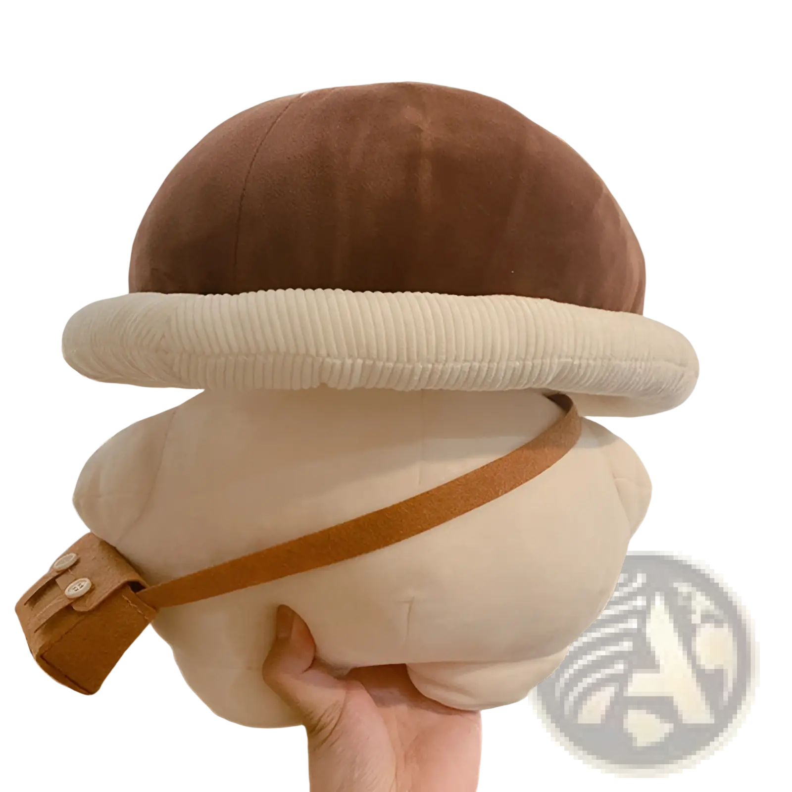 A plush mushroom-shaped pillow with a brown velour cap cream corduroy stem and beige body for decoration and comfort