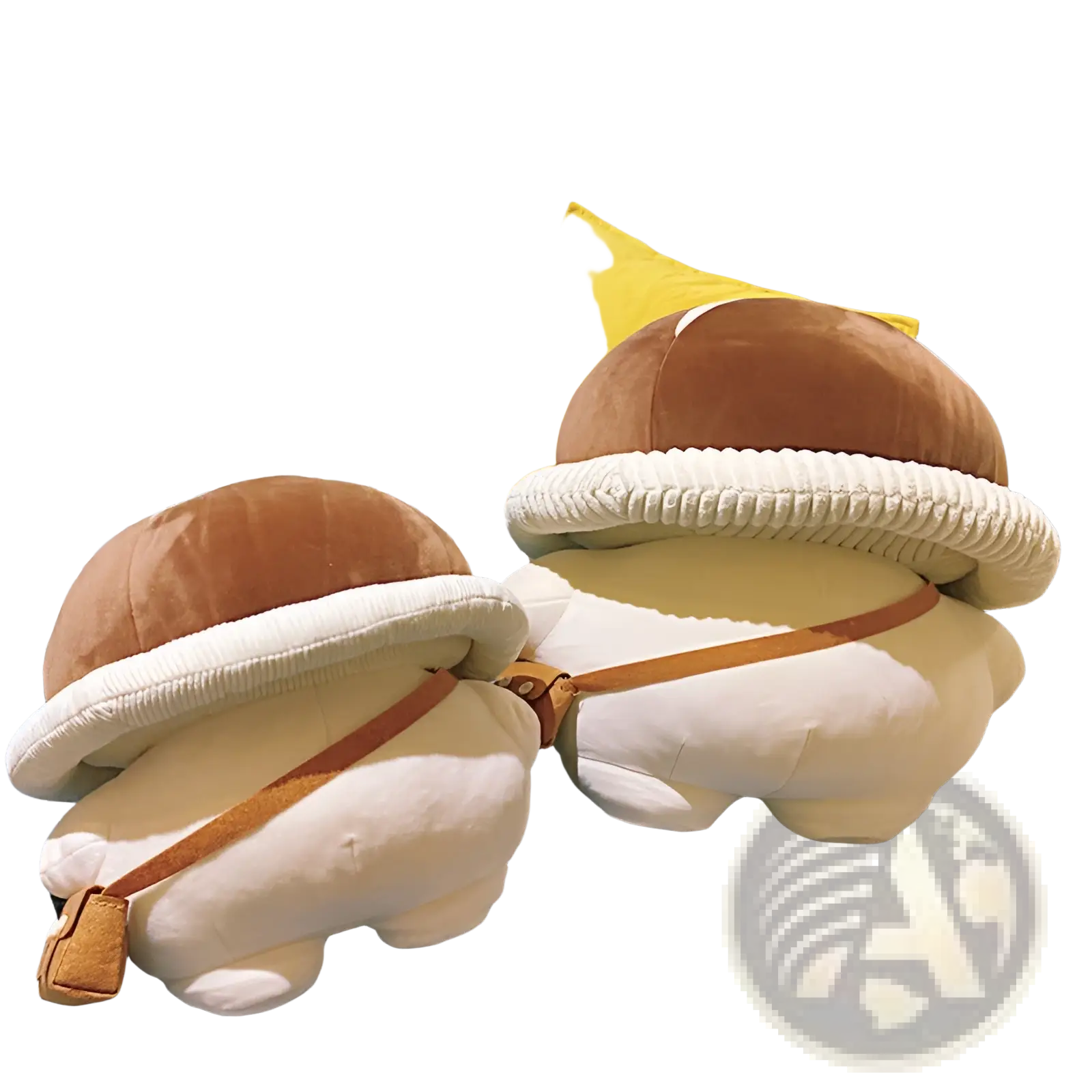 Cute beige and brown mushroom plush pillow with corduroy trim and tan leather straps for decorative use