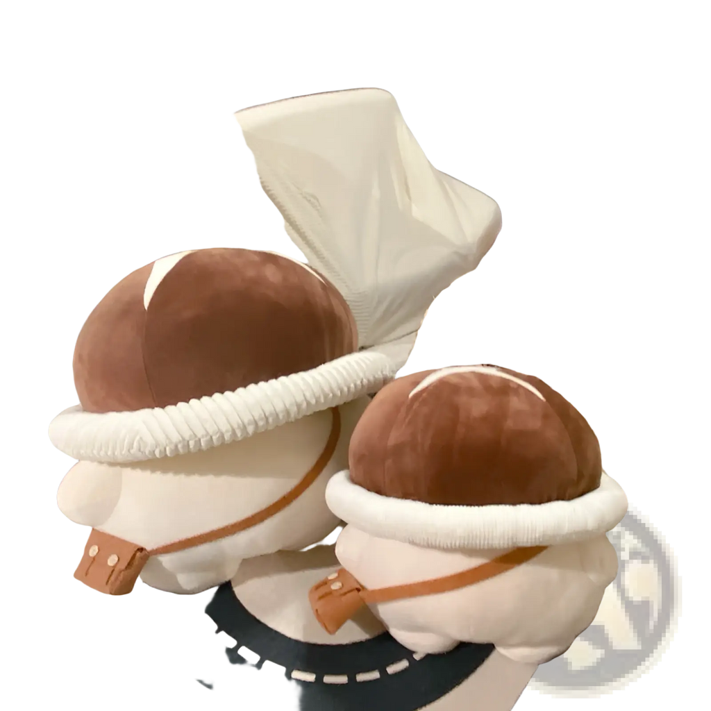 Cute brown and cream plush mushroom-shaped crossbody bags with white ribbed trim and tan leather straps in corduroy