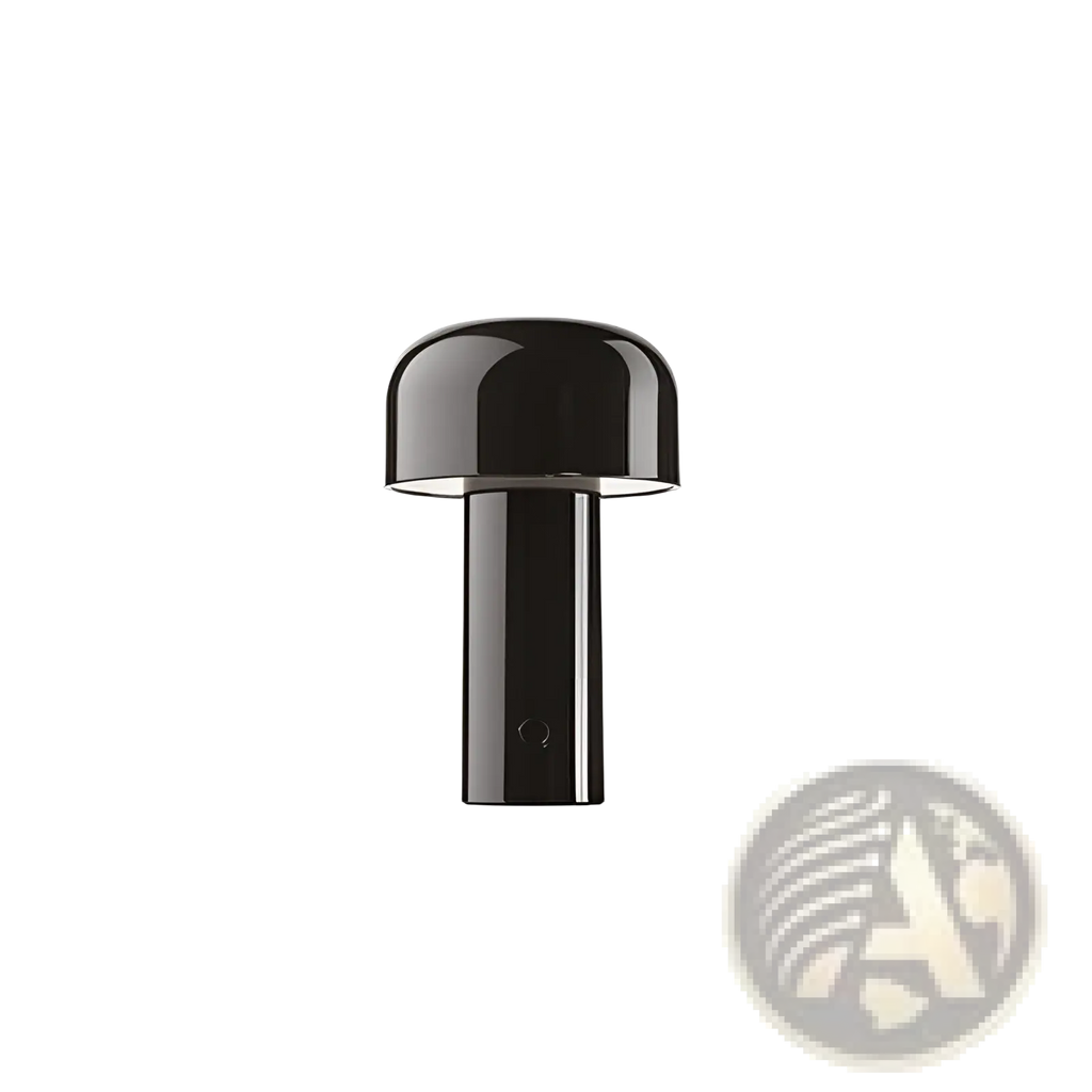 Black glossy mushroom table lamp with sleek cylindrical base cordless touch rechargeable led lighting accessory