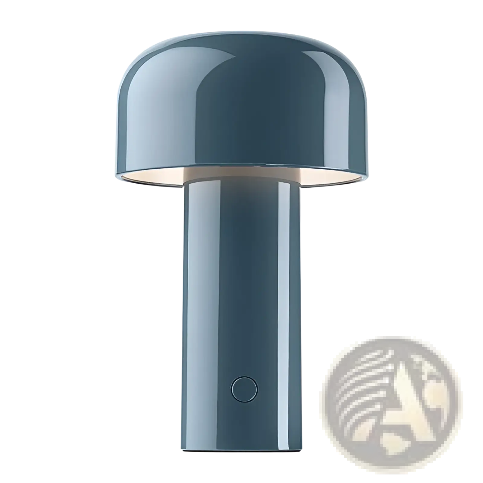 A sleek matte blue mushroom table lamp with a cylindrical base and circular power button cordless touch led