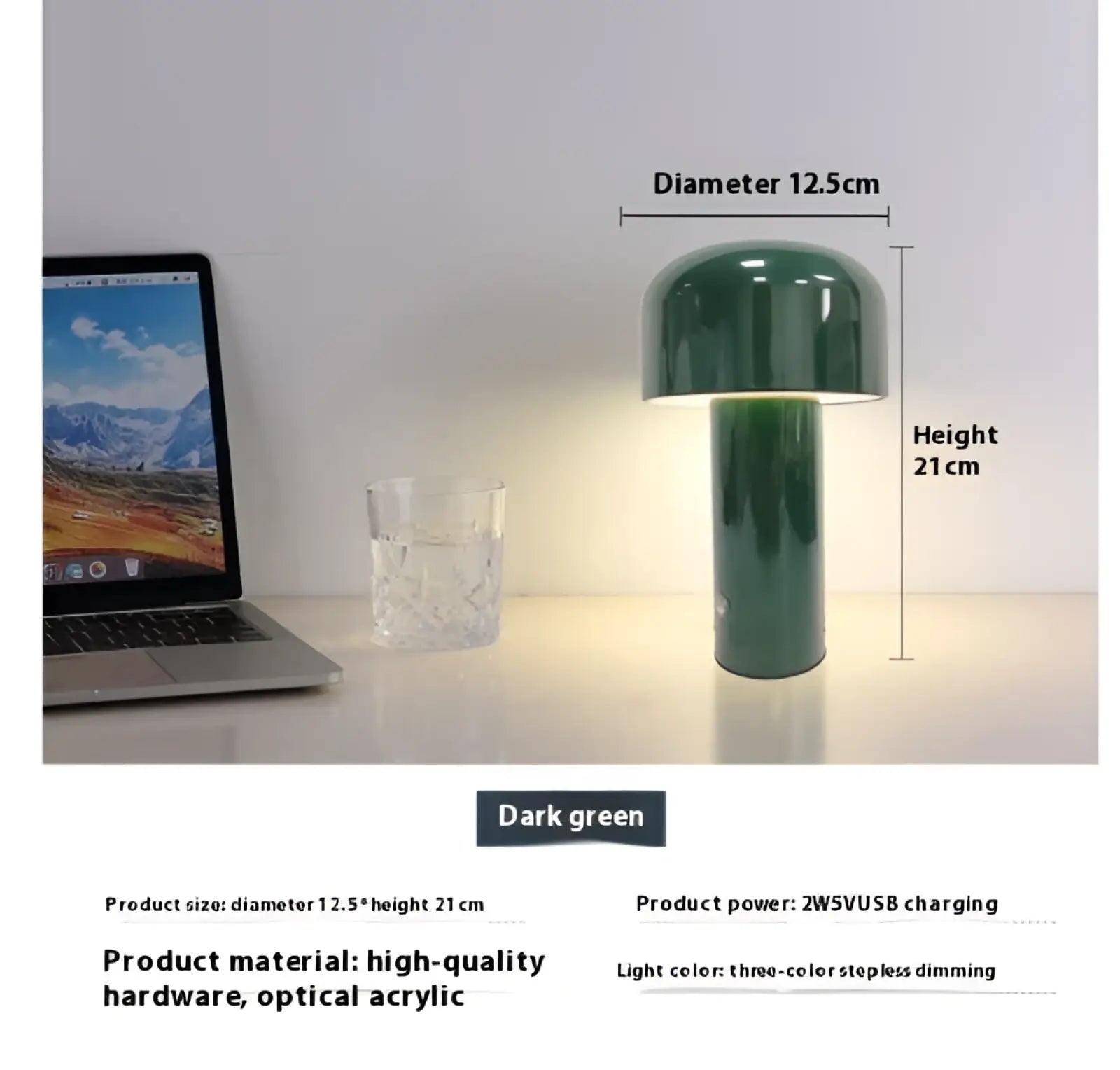 Dark green mushroom table lamp cordless touch rechargeable led with sleek glossy finish made of hardware and acrylic