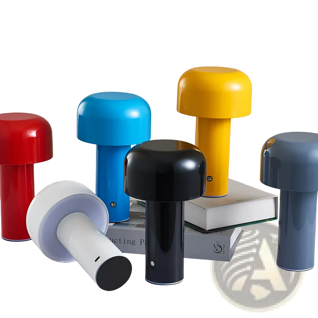 A sleek mushroom table lamp cordless touch rechargeable LED with glossy finish in red blue yellow black and gray colors