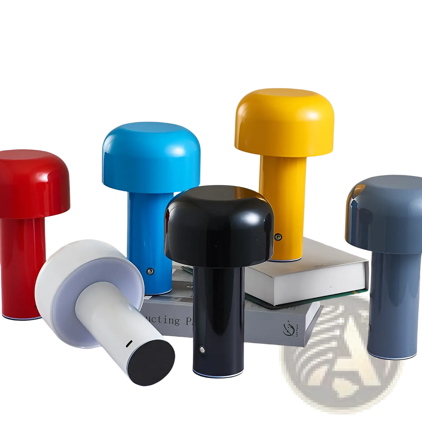 A sleek mushroom table lamp cordless touch rechargeable LED with glossy finish in red blue yellow black and gray colors