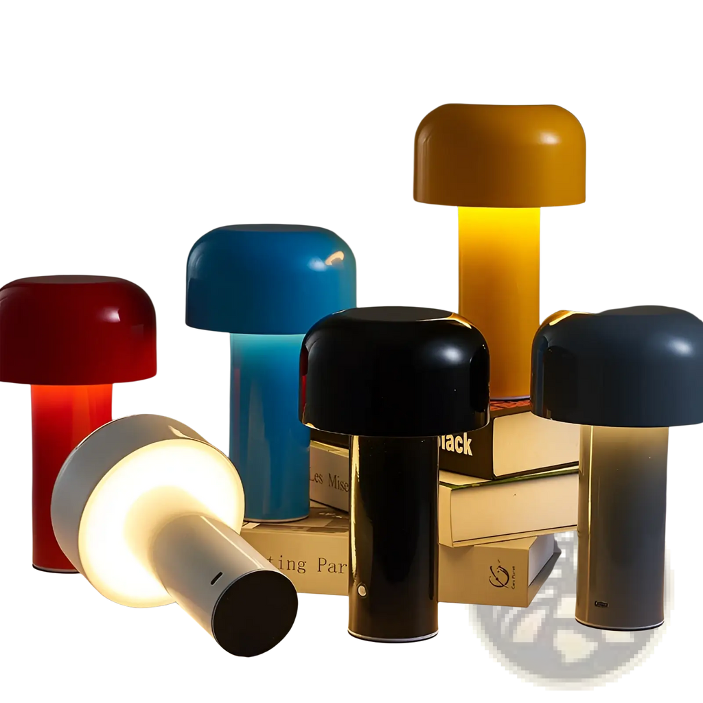 A sleek modern cordless touch rechargeable led mushroom table lamp in vibrant red blue black yellow and gray colors