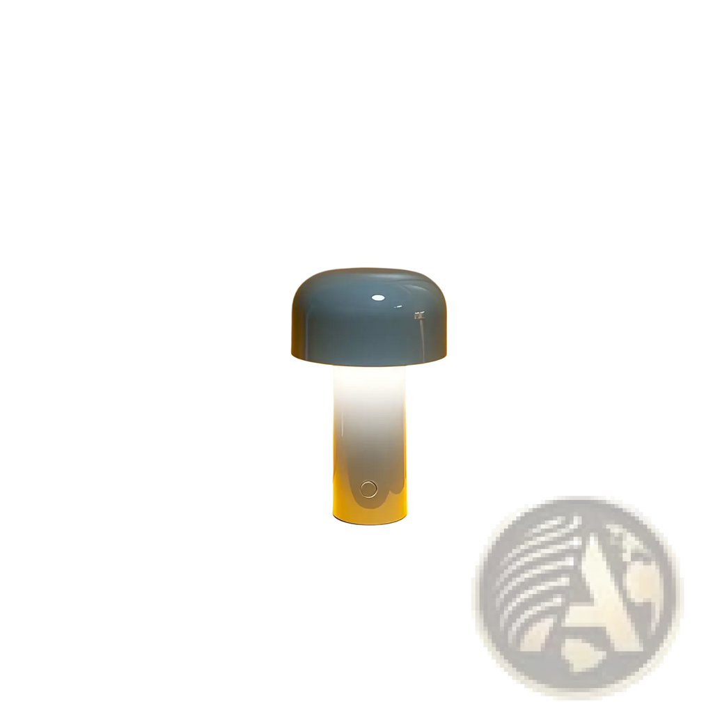 Blue mushroom-shaped cordless touch rechargeable LED table lamp with a white cylindrical base for ambient lighting