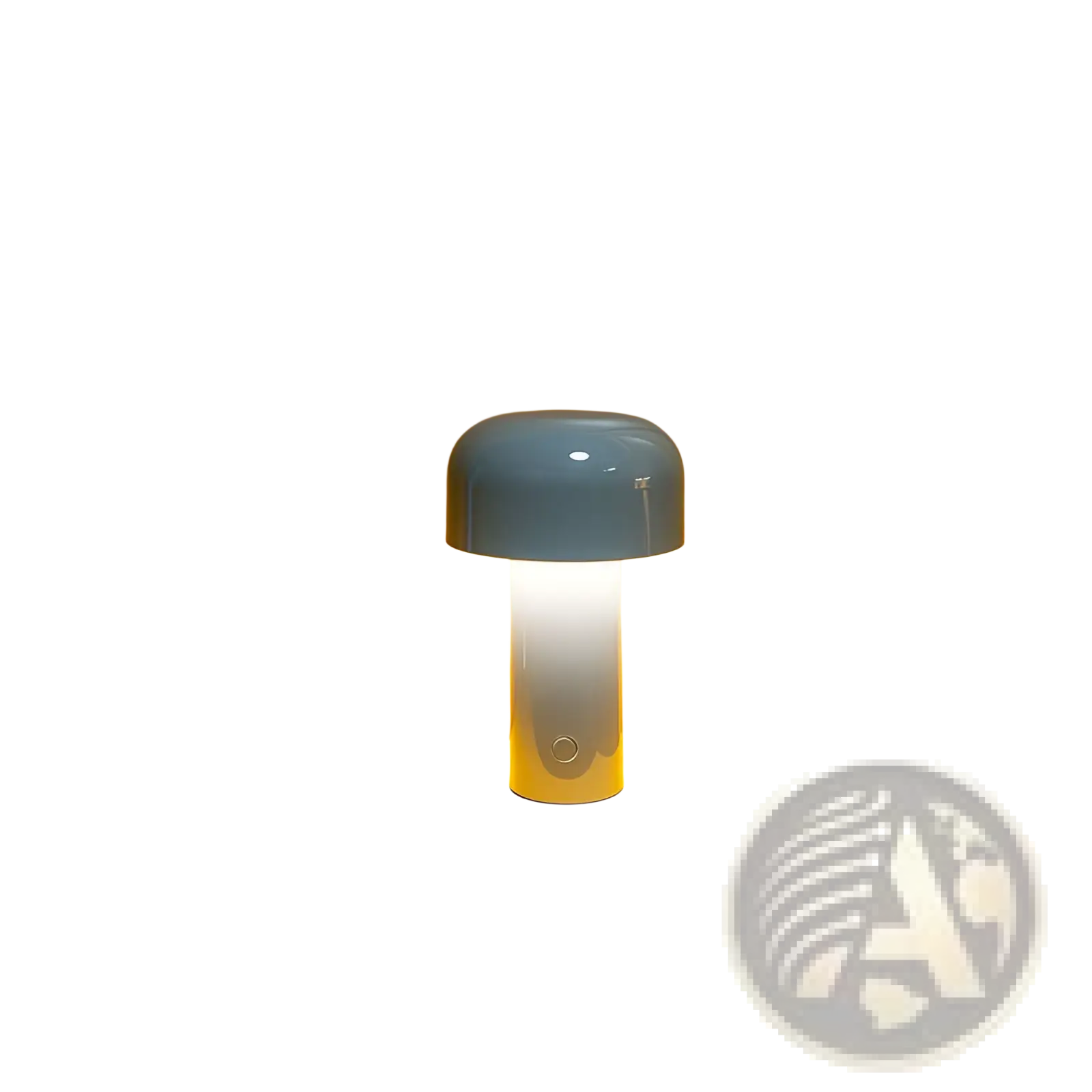 Blue mushroom-shaped cordless touch rechargeable LED table lamp with a white cylindrical base for ambient lighting