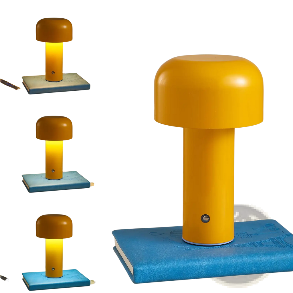 Vibrant yellow cordless mushroom table lamp with smooth glossy finish featuring touch rechargeable LED lighting