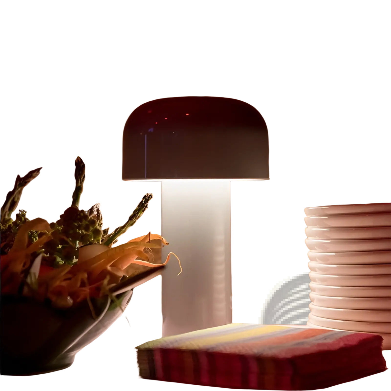 A sleek modern mushroom table lamp with a glossy dark red dome and translucent white base cordless touch led