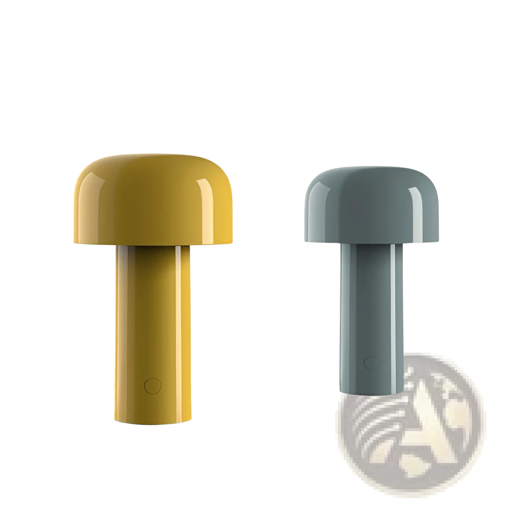 Two minimalist cordless touch rechargeable LED mushroom table lamps in glossy mustard yellow and matte sage green