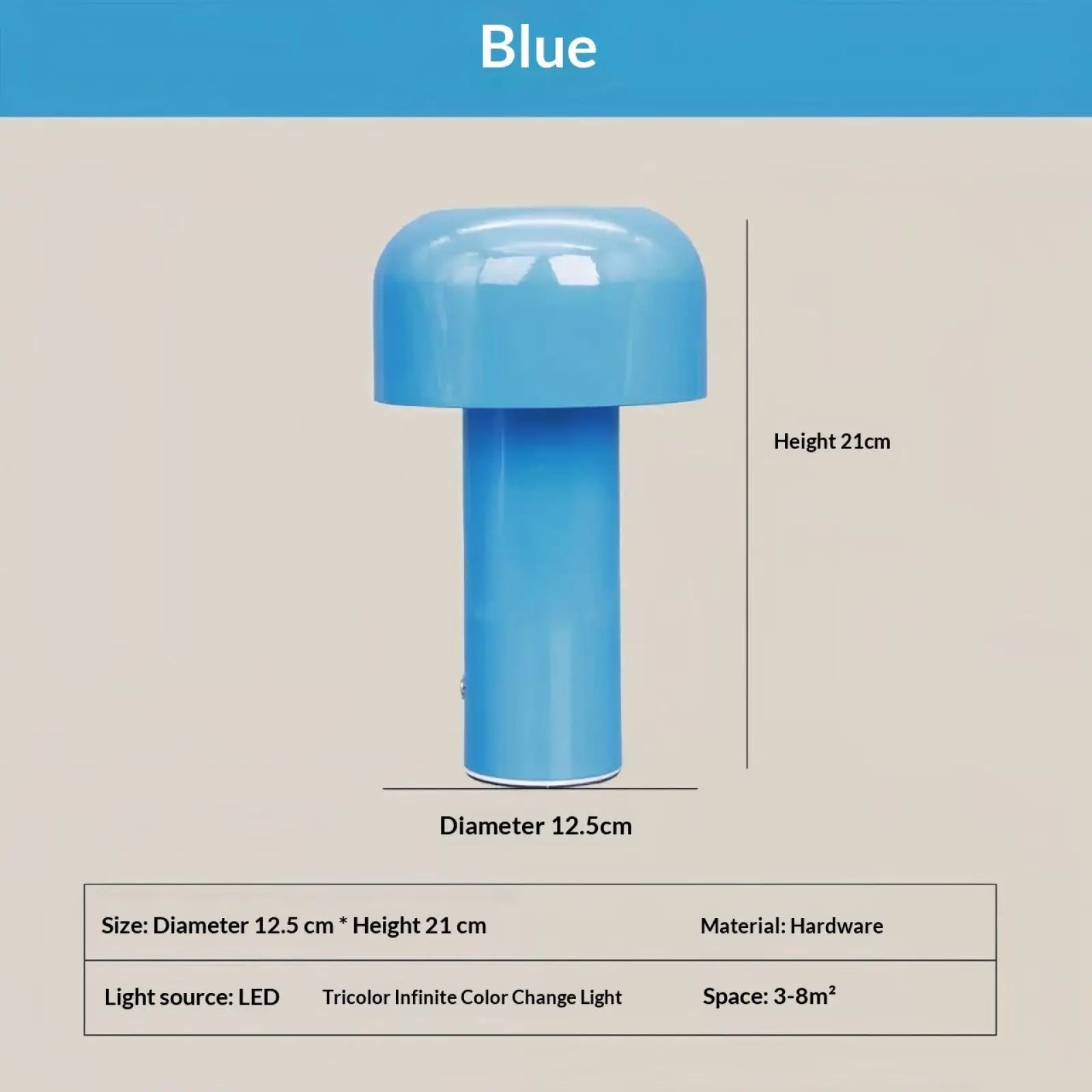 A sleek modern blue led mushroom table lamp with smooth hardware finish cordless touch rechargeable design