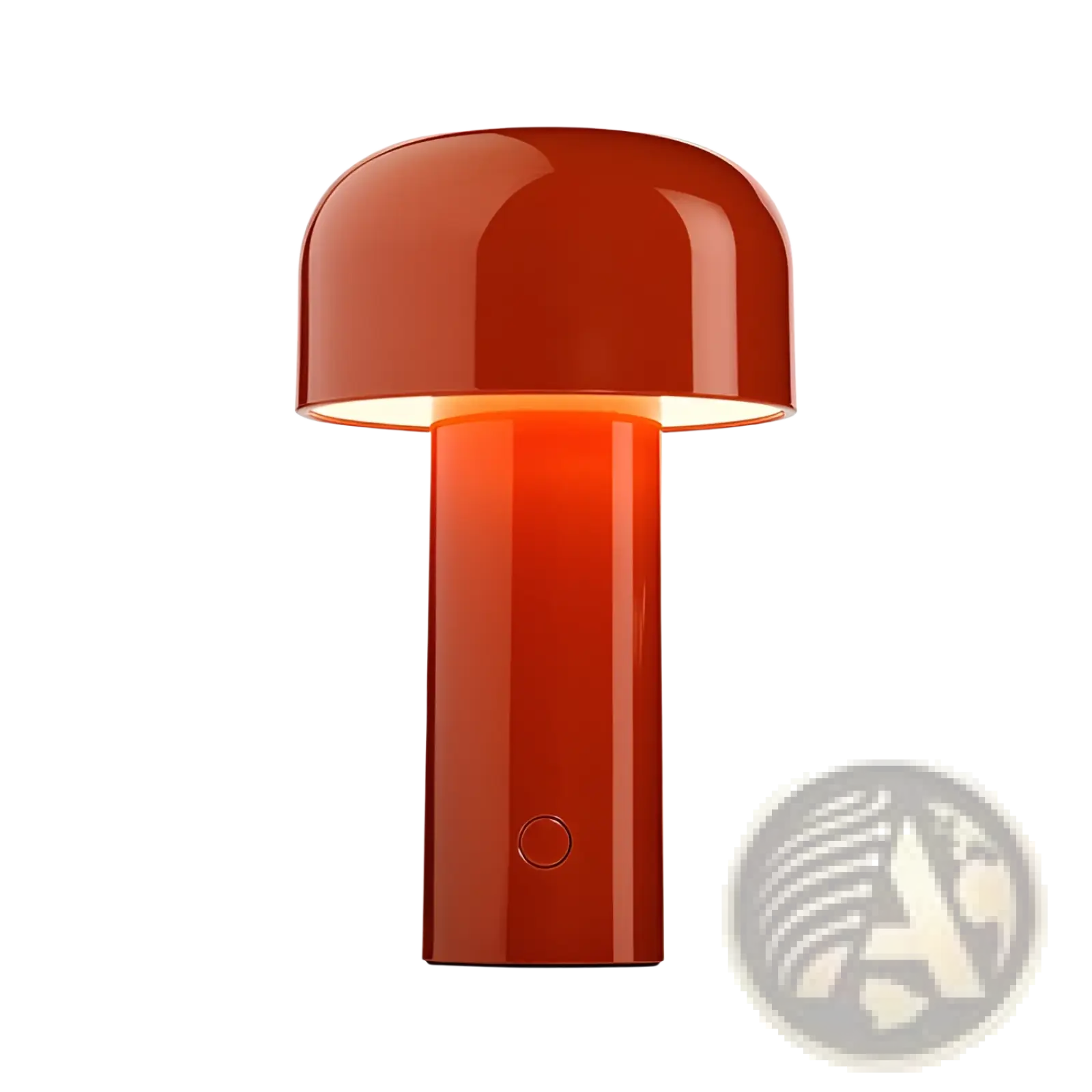 A sleek glossy red mushroom table lamp with a cylindrical base and circular power button cordless touch led