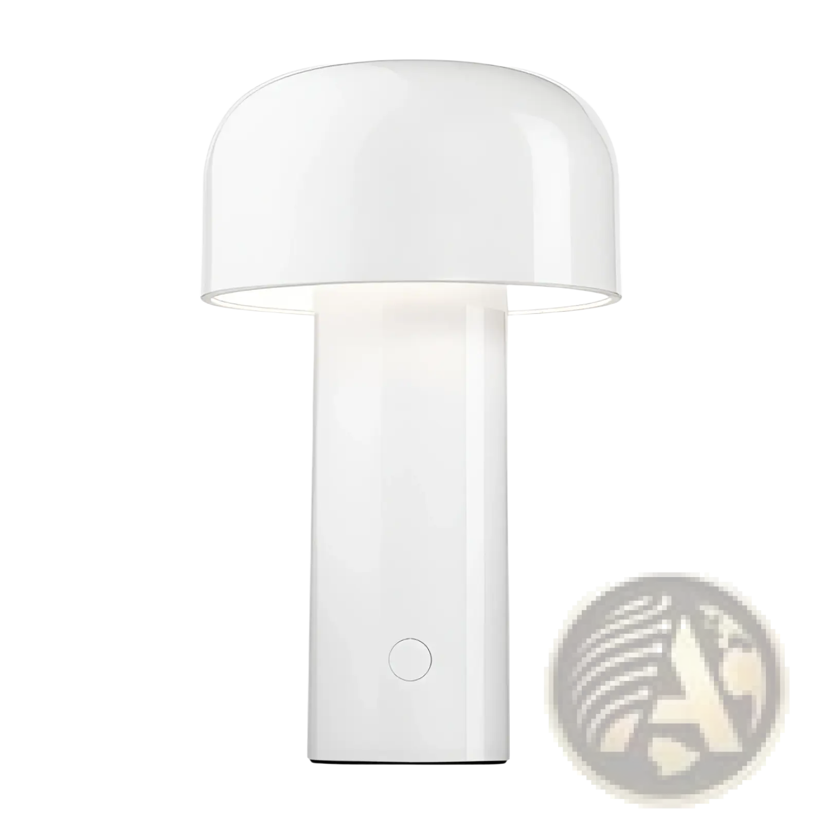 White mushroom-shaped cordless touch rechargeable LED table lamp with glossy finish and minimalist design