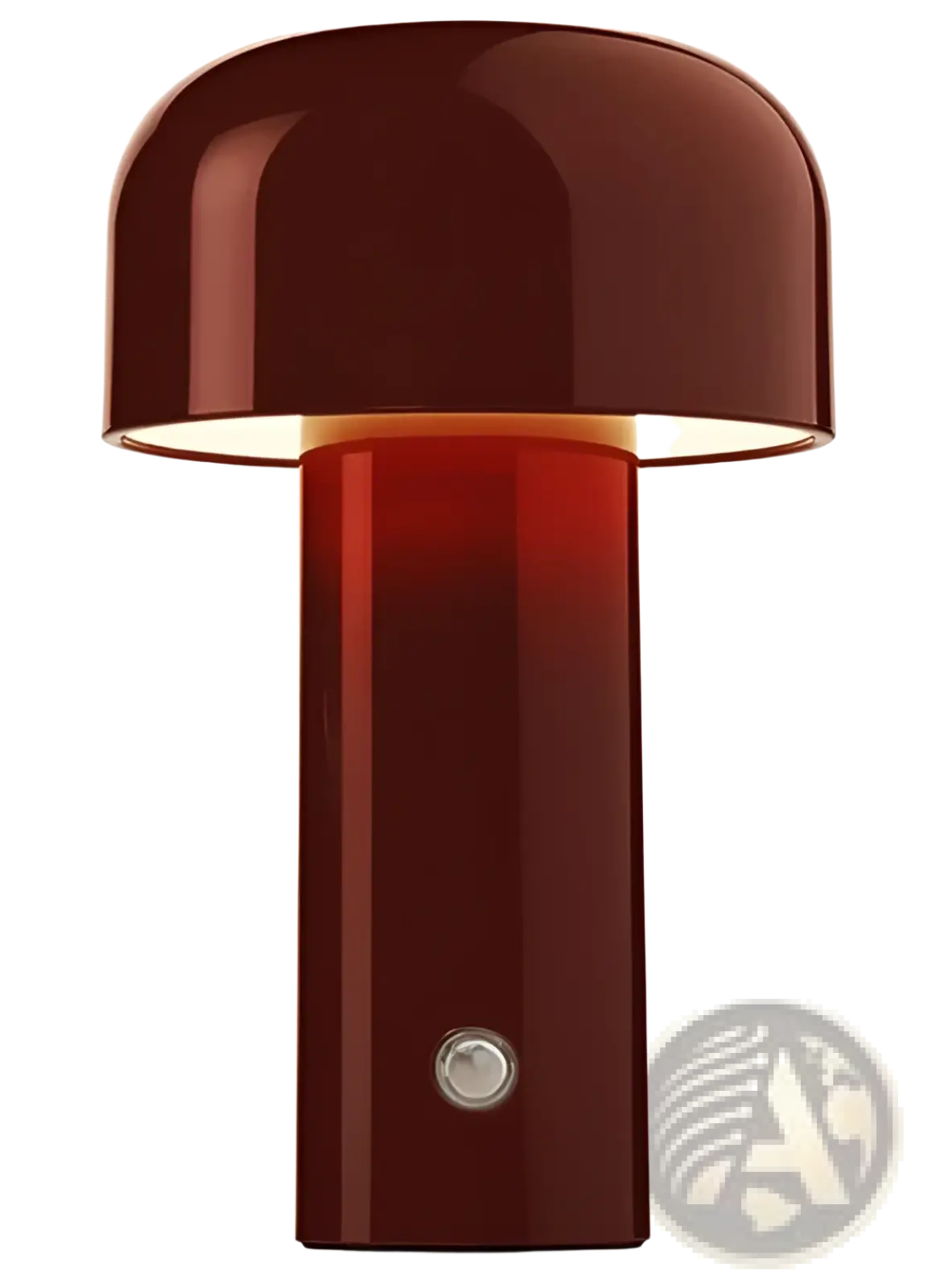 A sleek glossy burgundy mushroom table lamp with a smooth curved top and cylindrical base cordless touch led