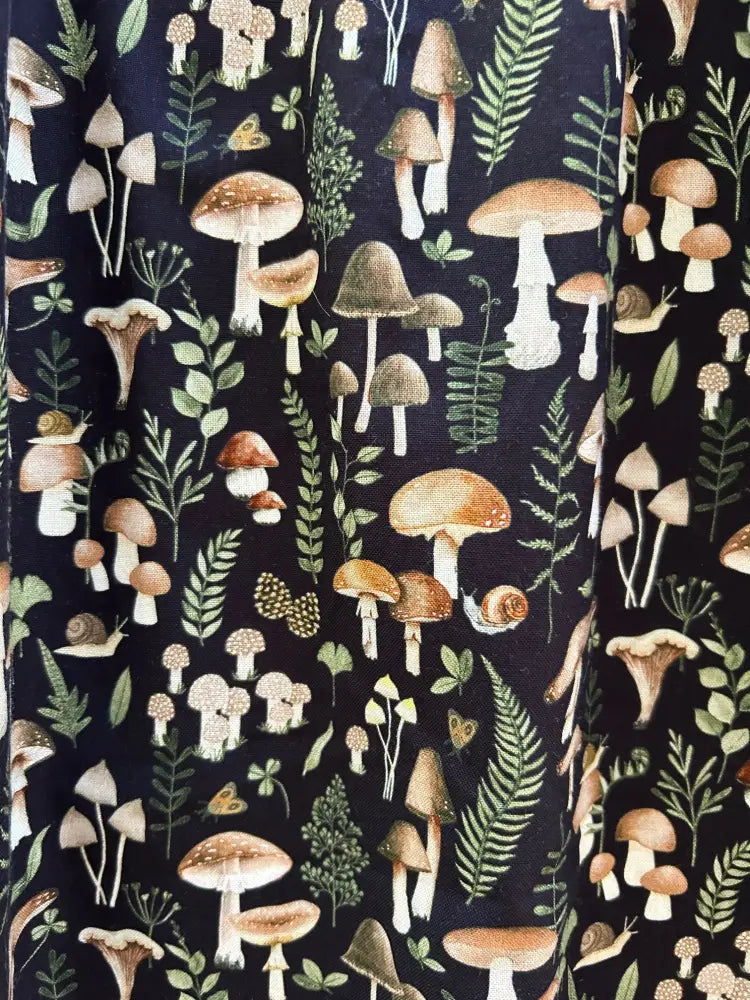Dark vintage mushroom print cotton fit and flare dress with pockets featuring detailed mushrooms ferns and snails pattern