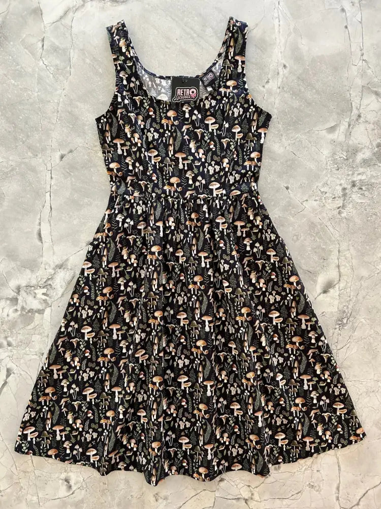 Black sleeveless vintage mushroom print cotton fit and flare dress with square neckline gathered waist and pockets