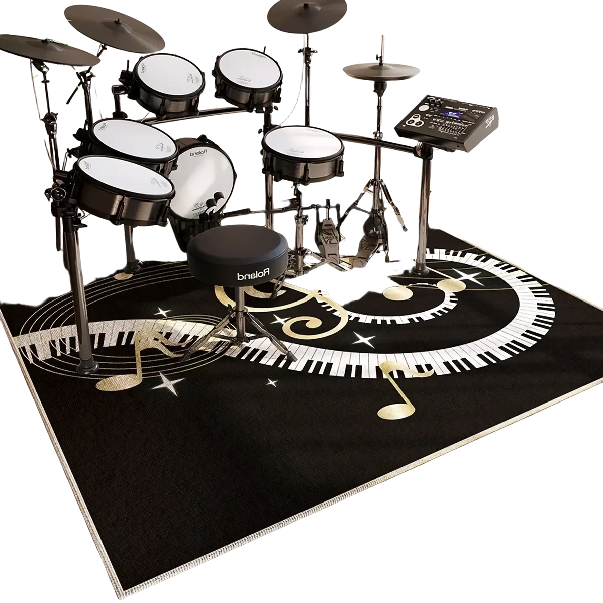 Black music note area rug featuring white and gold piano keys and swirling patterns for living room decor