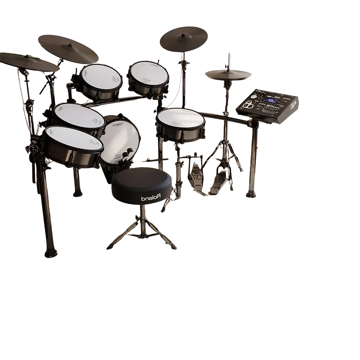 Black electronic drum set with white drumheads and roland logo displayed on a music note area rug in black and white