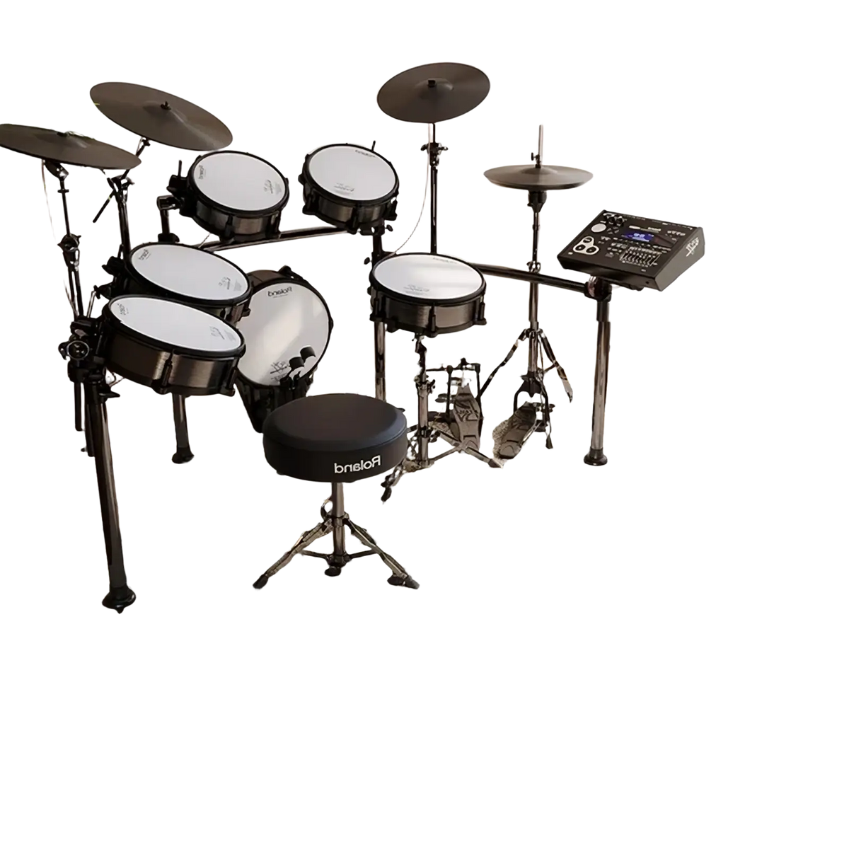 Black electronic drum set with white drumheads and roland logo stool on music note area rug black and white carpet