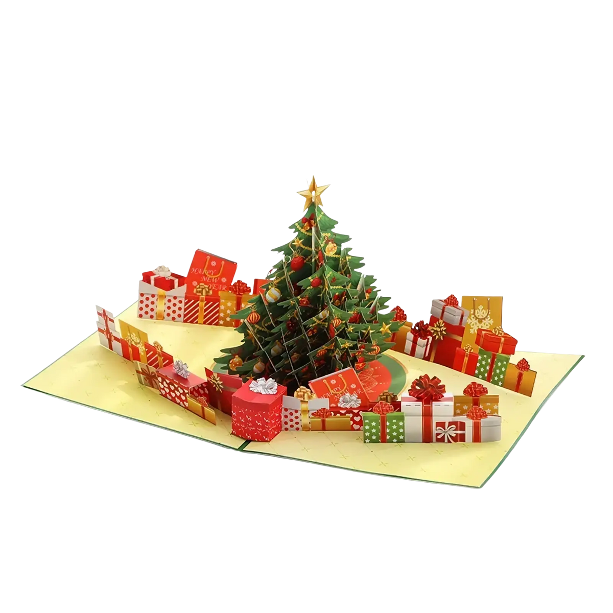 Musical 3d christmas tree pop up greeting card with green paper tree and red gold ornaments surrounded by festive gifts