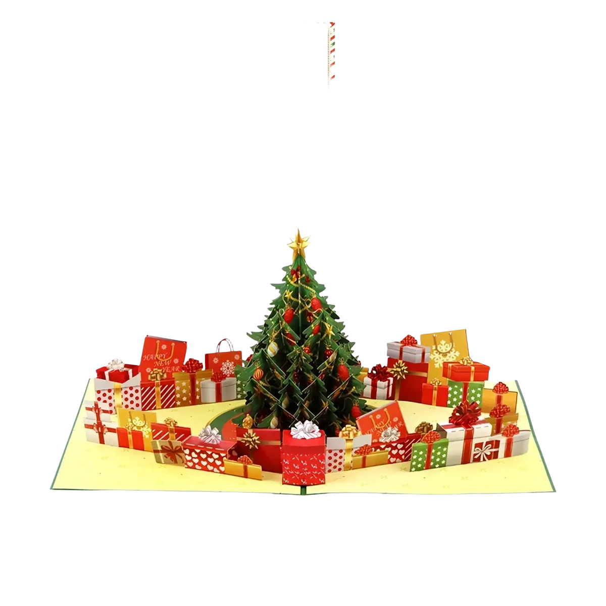 A festive red and green 3d paper musical christmas tree pop up greeting card with colorful gift boxes