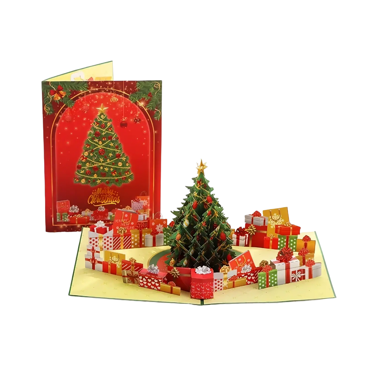 A festive red and green 3d paper musical christmas tree pop up greeting card with colorful gift boxes