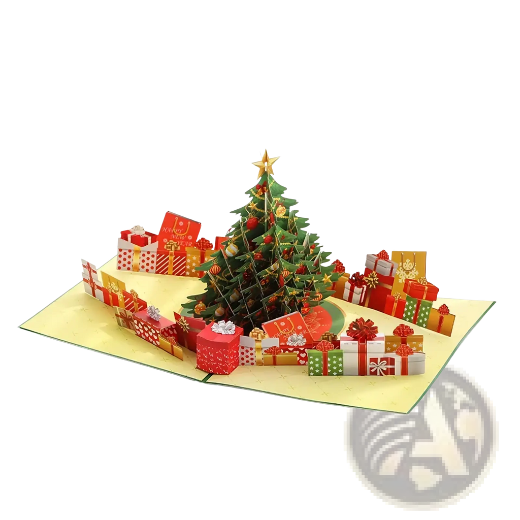 Musical 3d christmas tree pop up greeting card with green paper tree and red gold ornaments surrounded by festive gifts