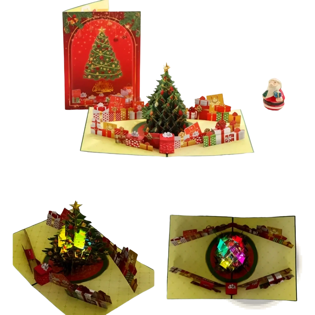A festive red and green musical 3d pop up christmas card with a detailed paper tree and colorful gift boxes