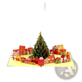 A festive red and green 3d paper musical christmas tree pop up greeting card with colorful gift boxes