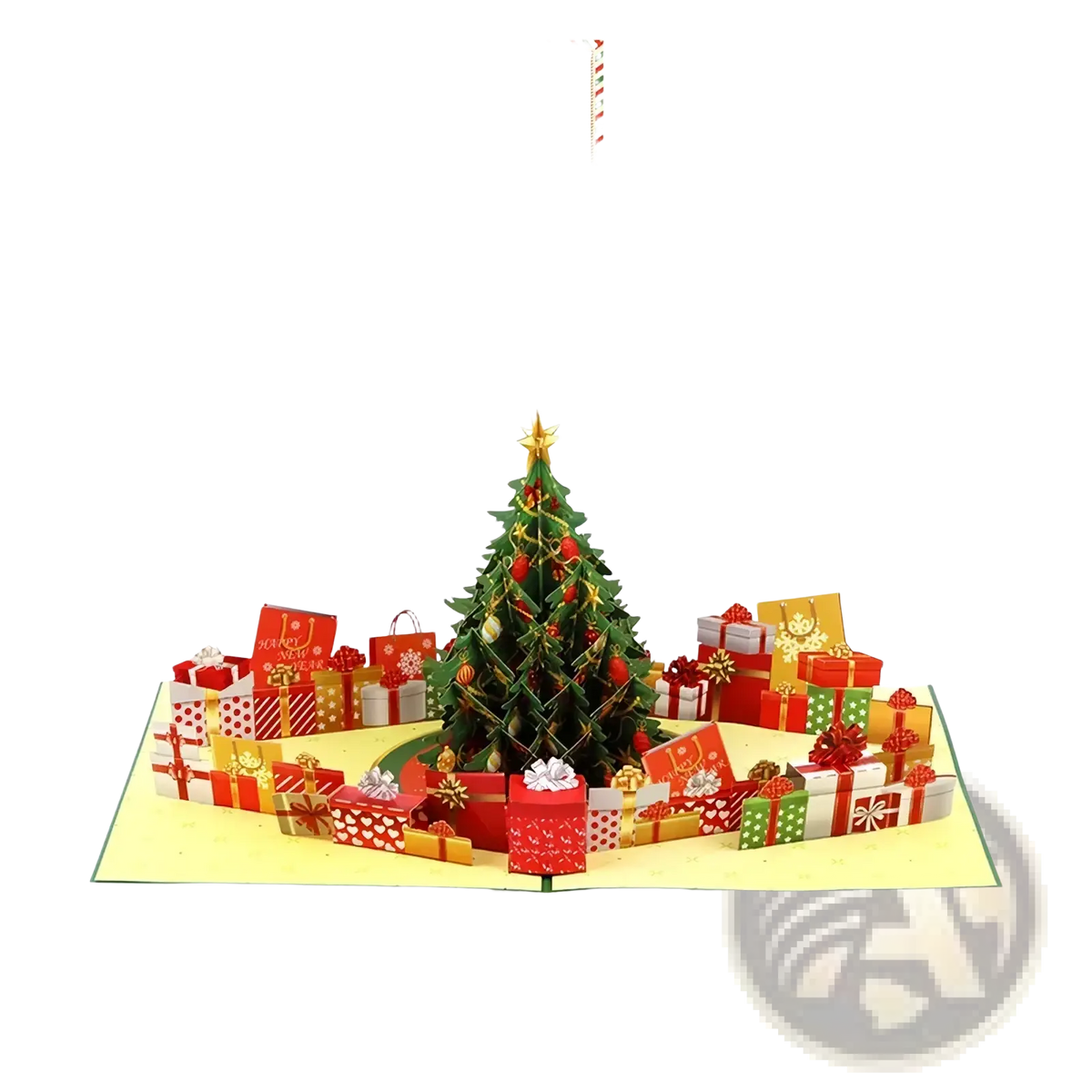 A festive red and green 3d paper musical christmas tree pop up greeting card with colorful gift boxes