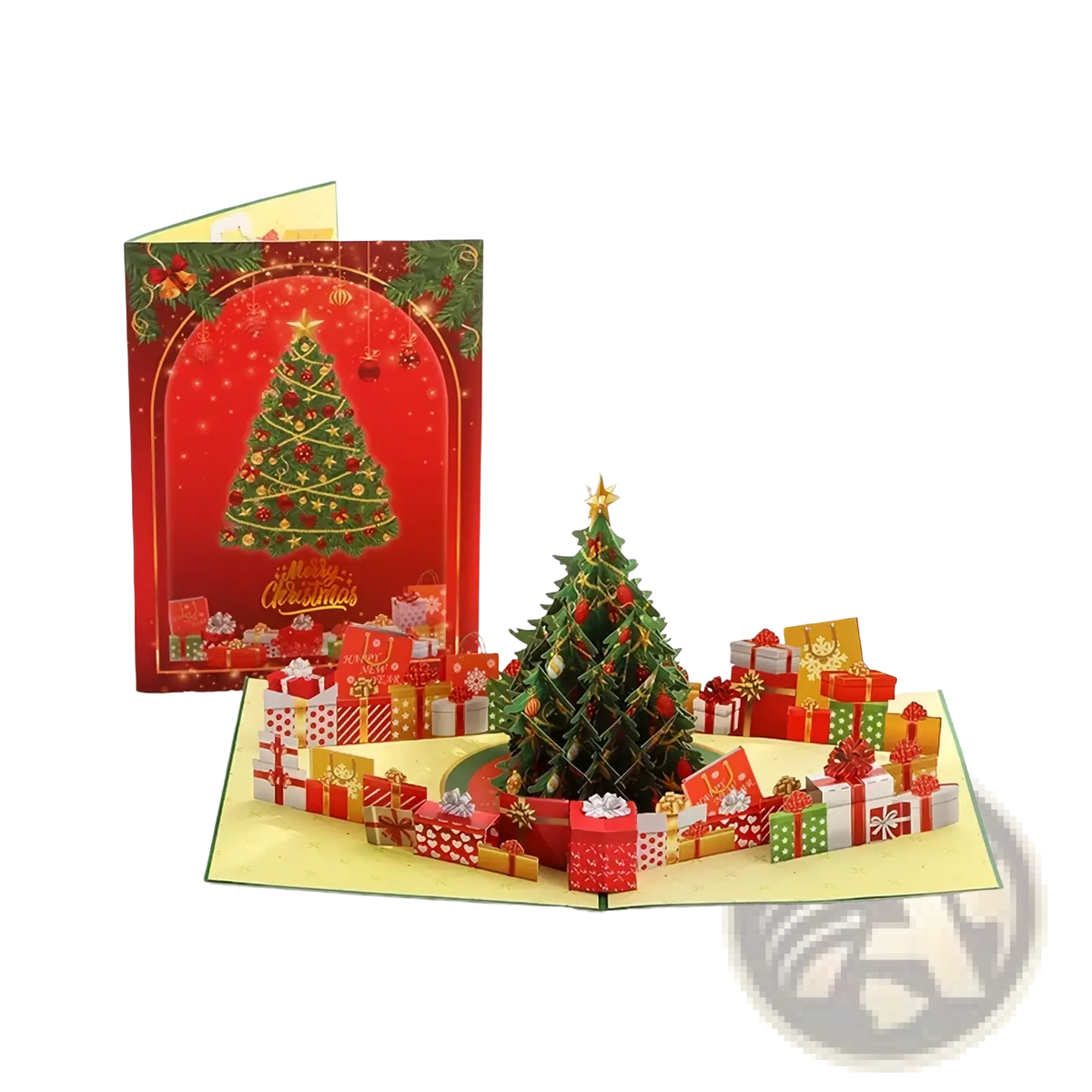 A festive red and green 3d paper musical christmas tree pop up greeting card with colorful gift boxes