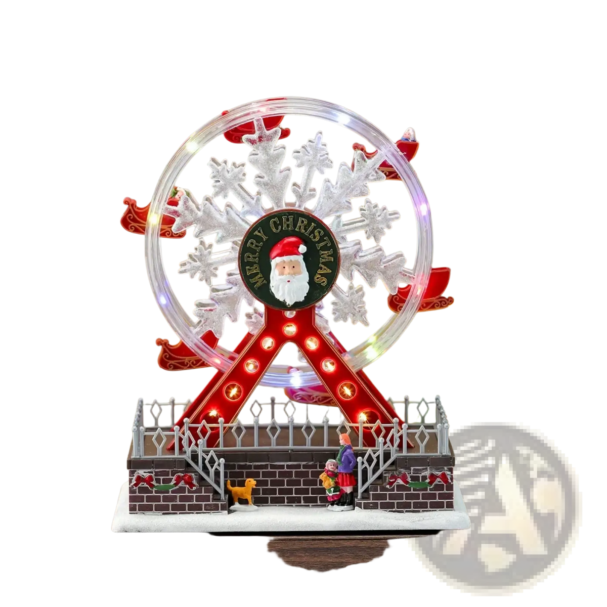 Musical Christmas ferris wheel ornament with illuminated red and white snowflake design and central Santa emblem on black background