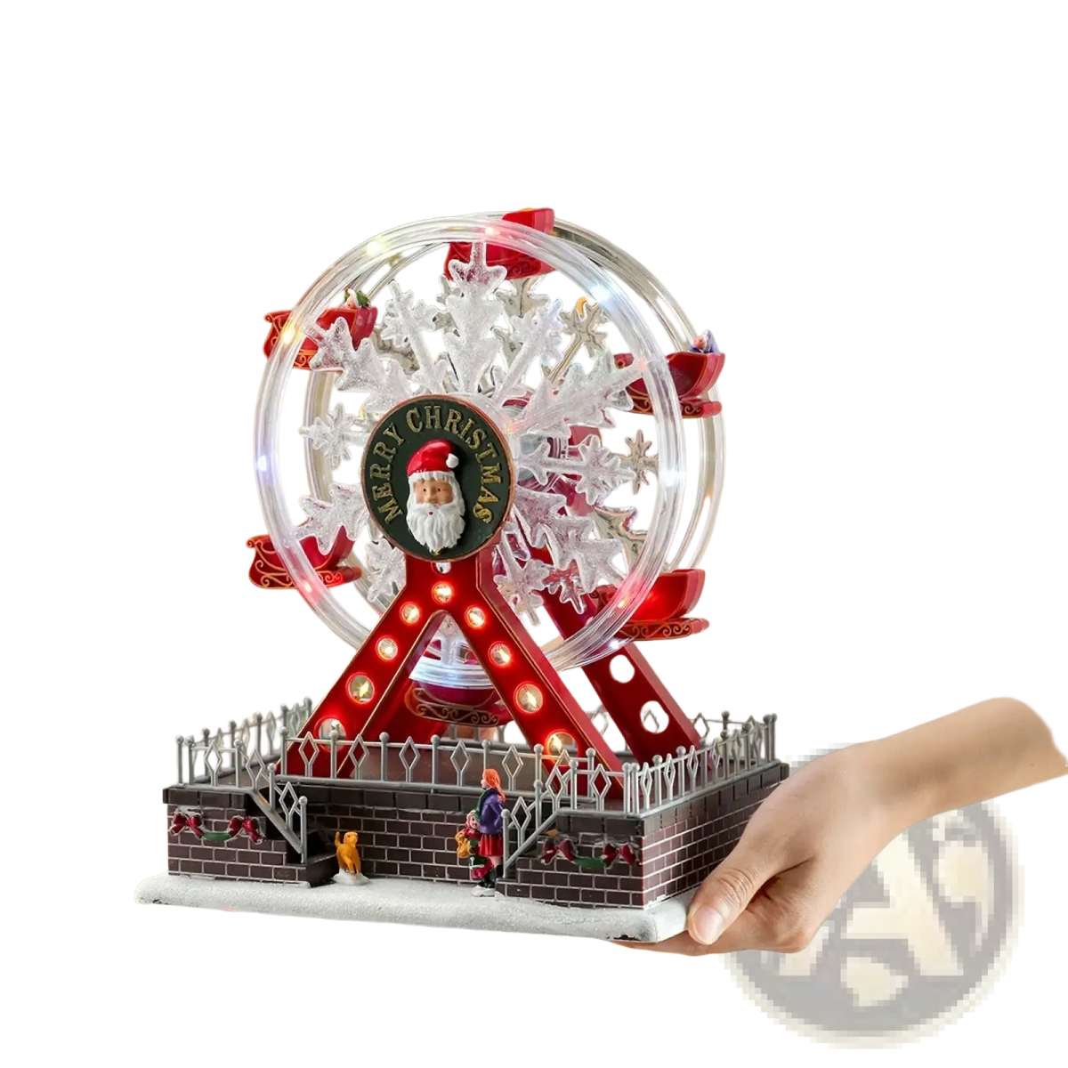 A festive red and clear musical christmas ferris wheel ornament with illuminated lights and santa claus emblem