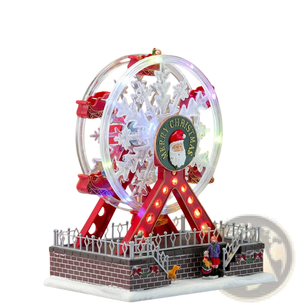 Musical christmas ferris wheel ornament in red and clear with illuminated lights and santa claus merry christmas plaque