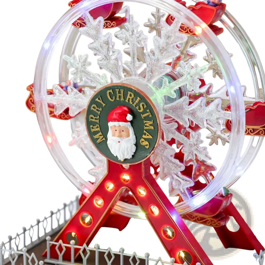 Musical christmas ferris wheel ornament in red and clear plastic with glowing lights and santa claus centerpiece