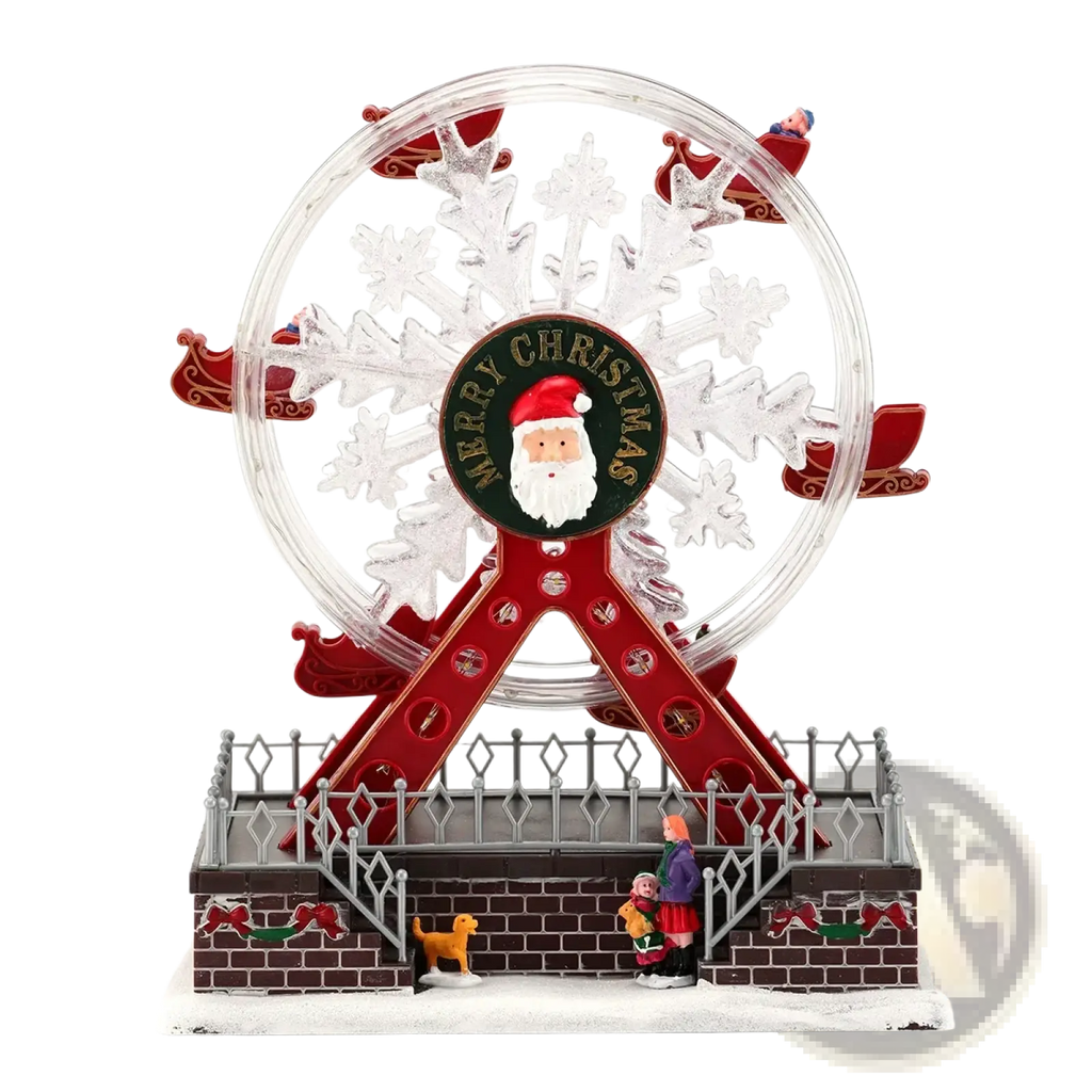 Musical christmas ferris wheel ornament in red and clear with santa claus emblem at center for holiday decor