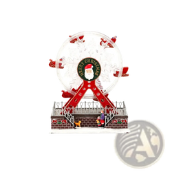Musical christmas ferris wheel ornament in red and clear plastic featuring a central santa claus emblem