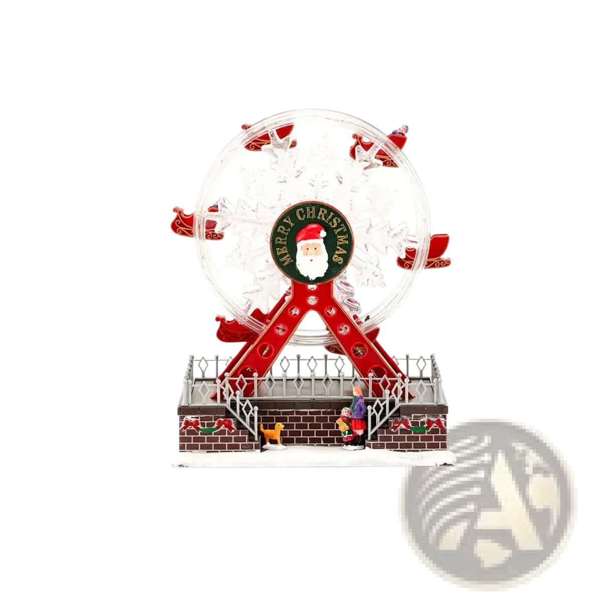 Musical christmas ferris wheel ornament in red and clear plastic featuring a central santa claus emblem