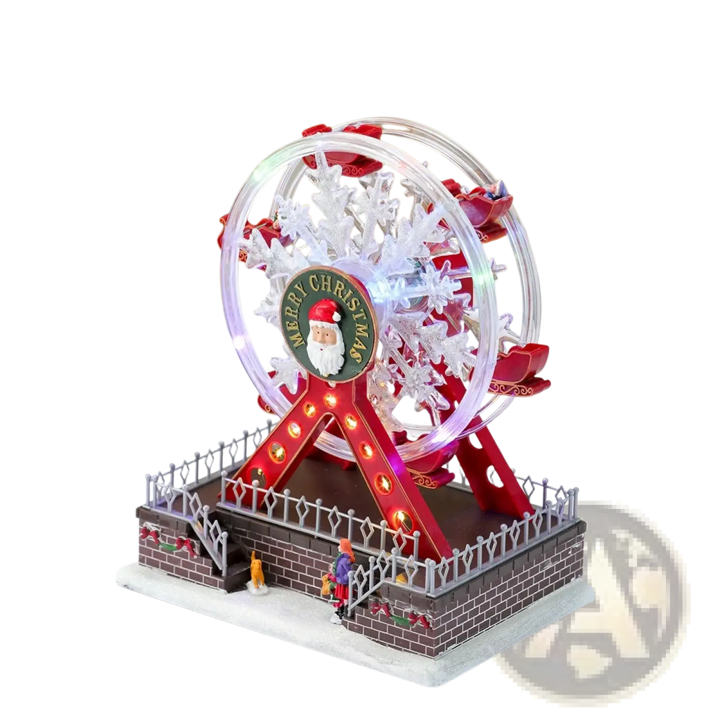 Musical Christmas ferris wheel ornament with red and clear lights and a central Santa Claus emblem decoration