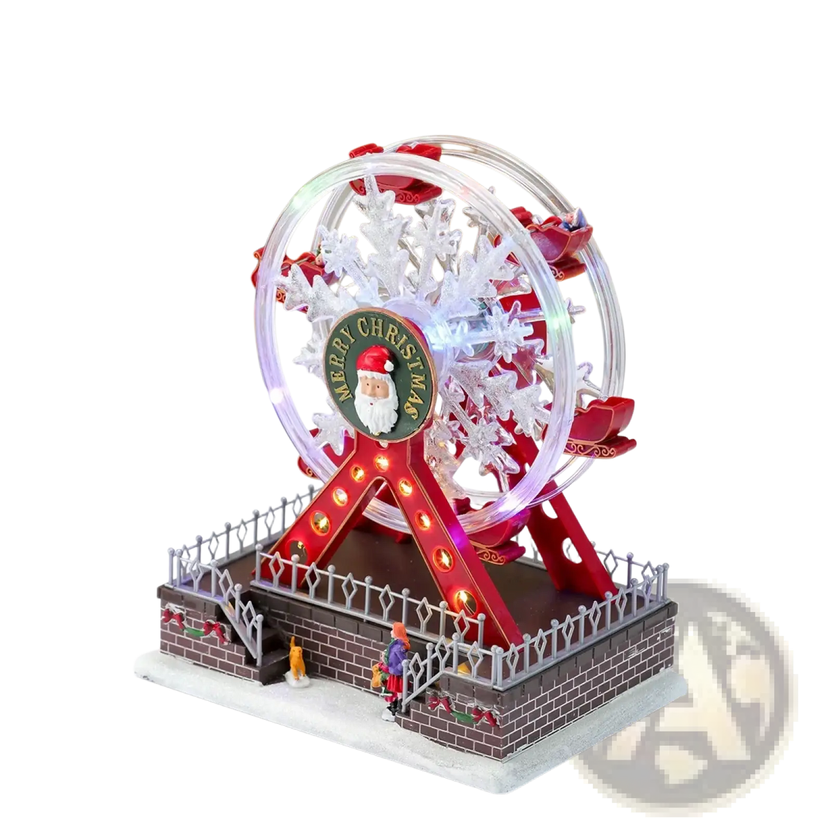 Musical Christmas ferris wheel ornament with red and clear lights and a central Santa Claus emblem decoration