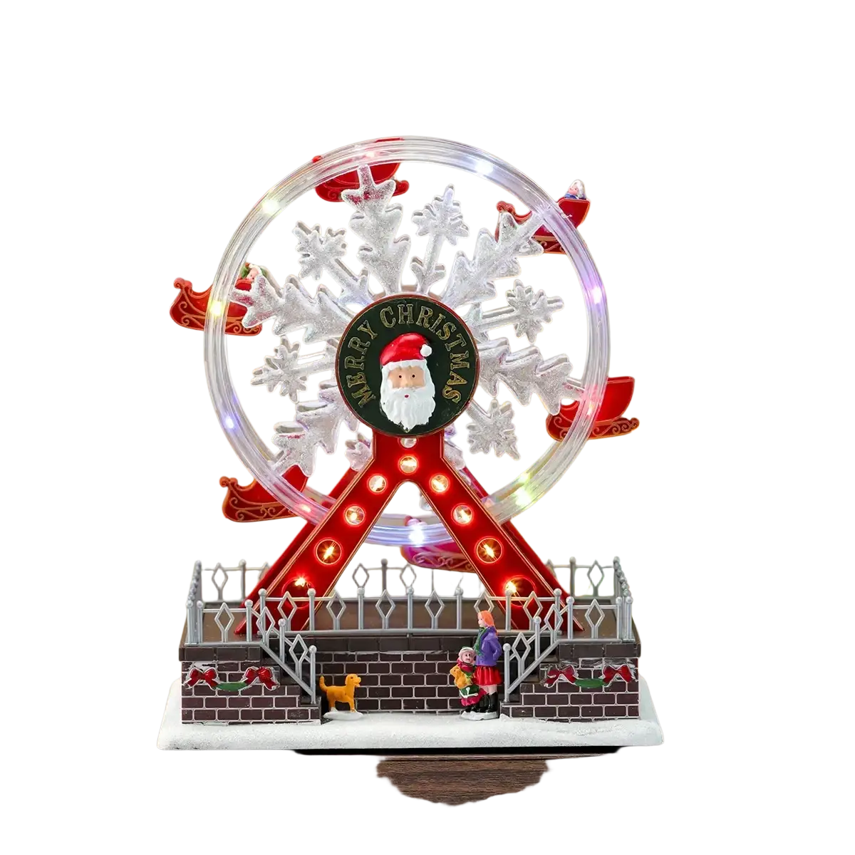Musical Christmas ferris wheel ornament with illuminated red and white snowflake design and central Santa emblem on black background