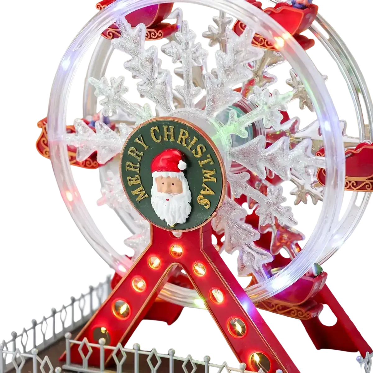 Musical christmas ferris wheel ornament in red and clear plastic with illuminated lights and santa claus emblem wheel ornament